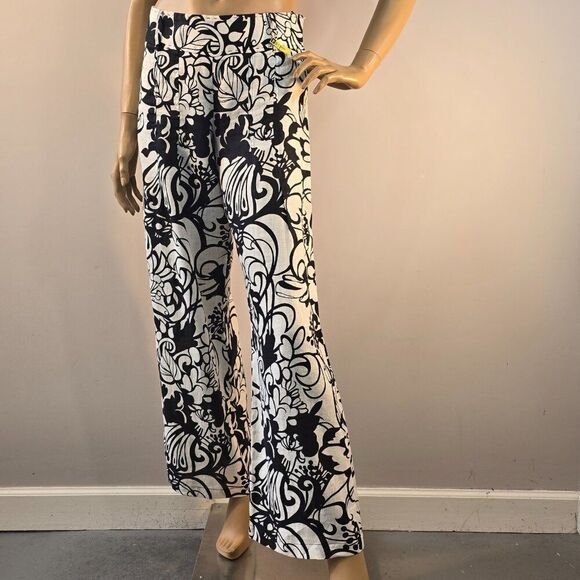 Elie Tahari Linen Pants Wide Leg Womens Sz M Tropical Floral Black And White - Picture 1 of 11